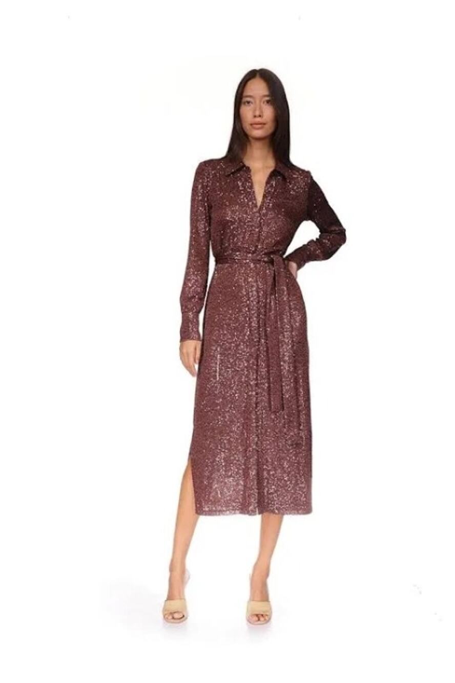 Cara Cara Margaret Rum Raisin Sequin Shirt Dress Long Sleeve Glam XS